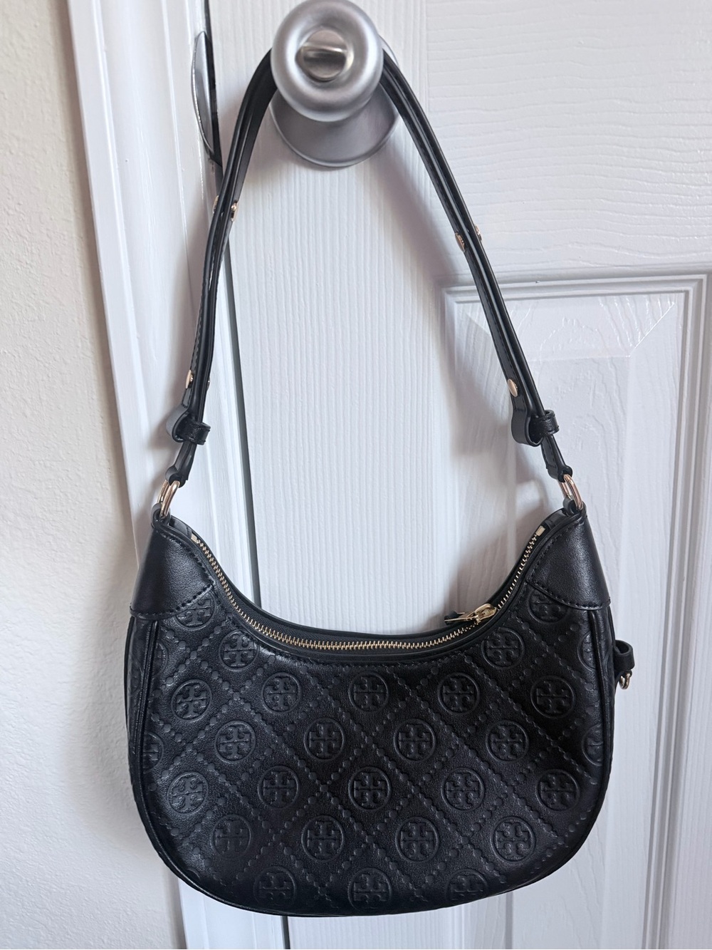 Tory Burch Black Women's Shoulder Bag - Leather T Monogram Embossed